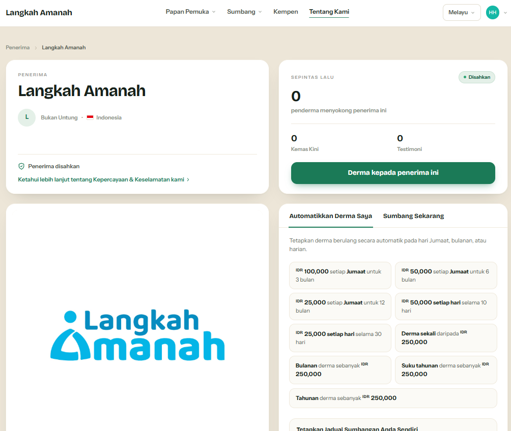 GivingFridays organisation page where donors can choose an organisation to support
