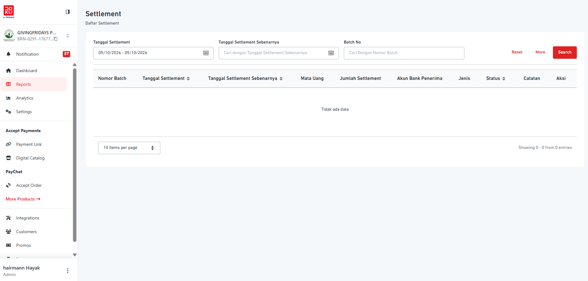 Payment provider settlement view for a GivingFridays recipient organisation