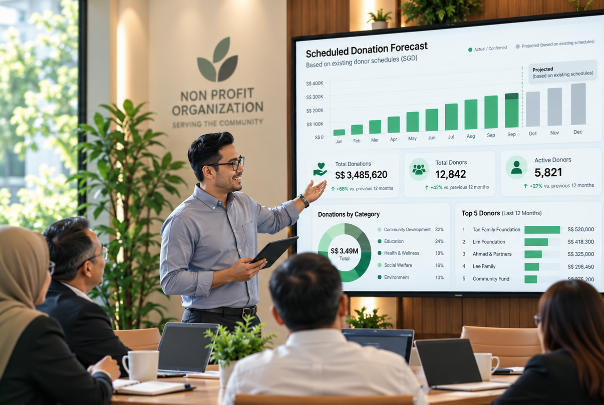 GivingFridays dashboard presentation showing scheduled giving projections and payment status