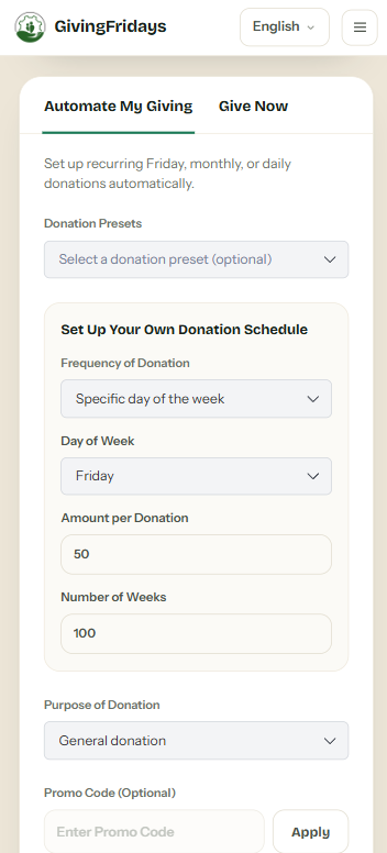 Set your GivingFridays giving schedule