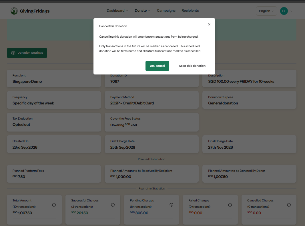 GivingFridays account showing an active giving schedule before cancellation